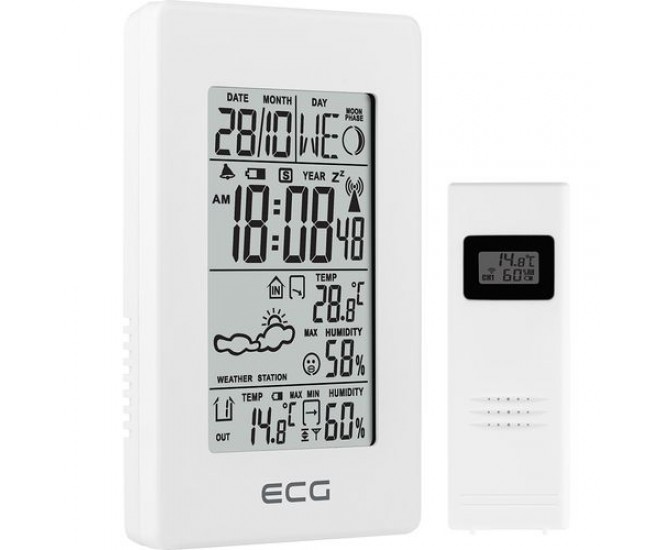 Statie meteo interior-exterior ecg ms 100 white, senzor extern fara fir, lcd, ceas, alarma