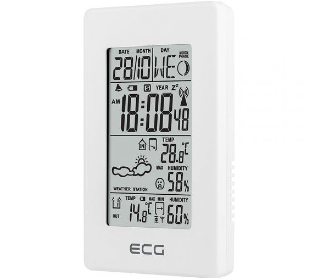 Statie meteo interior-exterior ecg ms 100 white, senzor extern fara fir, lcd, ceas, alarma