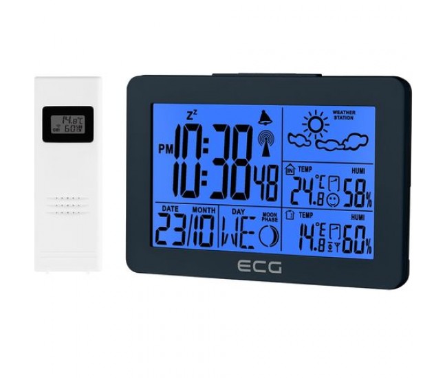 Statie meteo interior-exterior ecg ms 200 grey, senzor extern fara fir, lcd, ceas, alarma