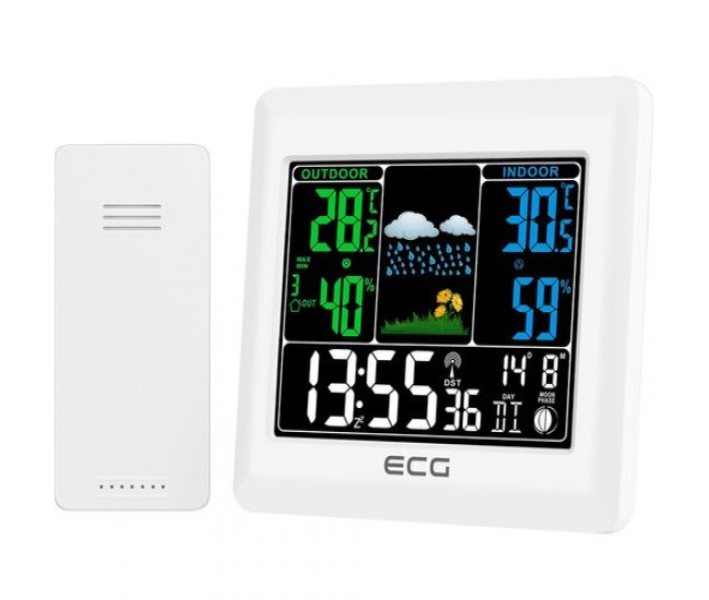 Statie meteo interior-exterior ecg ms 300 white, senzor extern fara fir, lcd color, ceas, alarma