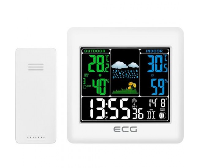 Statie meteo interior-exterior ecg ms 300 white, senzor extern fara fir, lcd color, ceas, alarma