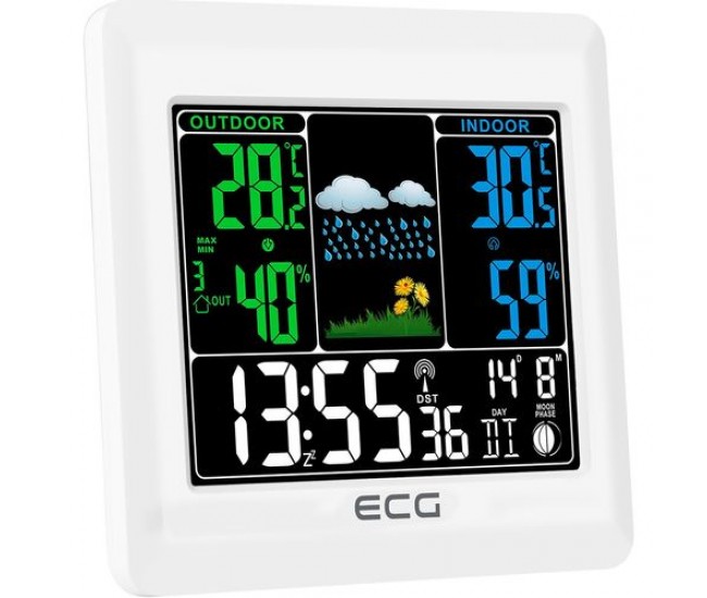 Statie meteo interior-exterior ecg ms 300 white, senzor extern fara fir, lcd color, ceas, alarma