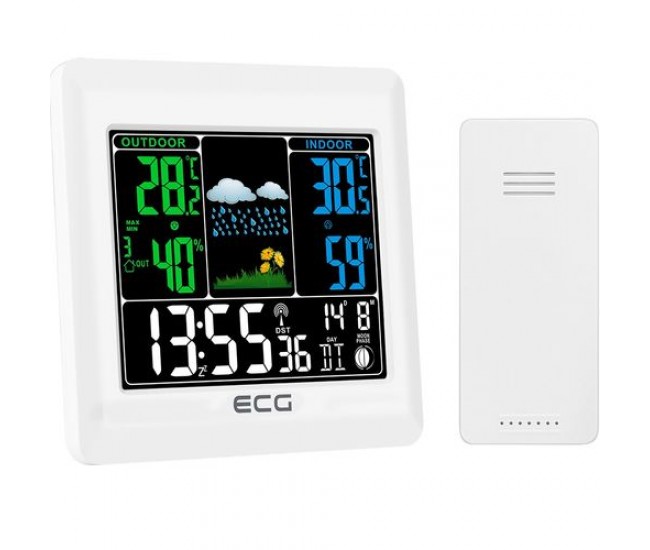 Statie meteo interior-exterior ecg ms 300 white, senzor extern fara fir, lcd color, ceas, alarma