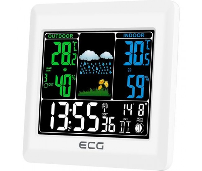 Statie meteo interior-exterior ecg ms 300 white, senzor extern fara fir, lcd color, ceas, alarma