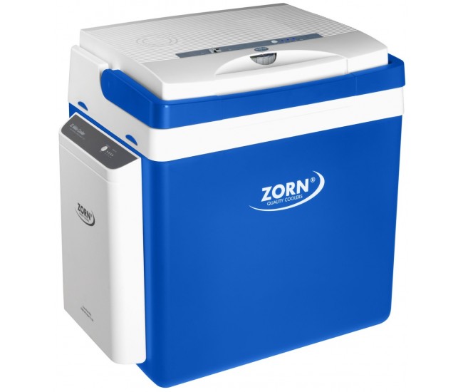 Lada frigorifica auto si camping ZORN Z 26 LNE, 25 litri, alimentare 12V/230V + acumulator extern Li-ion 7.8 Ah, racire-incalzire, alb-albastru