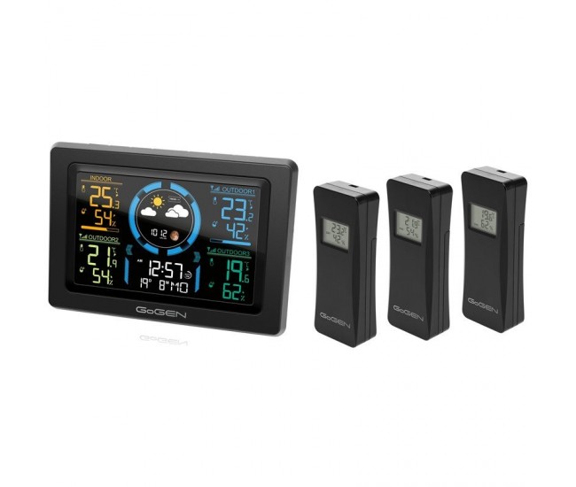 Statie meteo interior-exterior GoGEN ME 3397 B, LCD color, 3 senzori inclusi, ceas cu alarma, negru