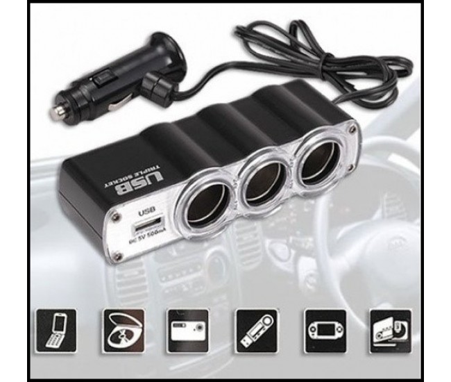 Priza Tripla Auto Cu Usb 12V