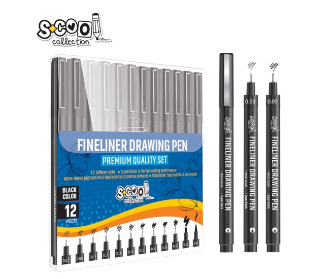 Fineliner, diferite dimensiuni 0.03-2 mm + varf tip pensula, 12 buc/set - S-COOL