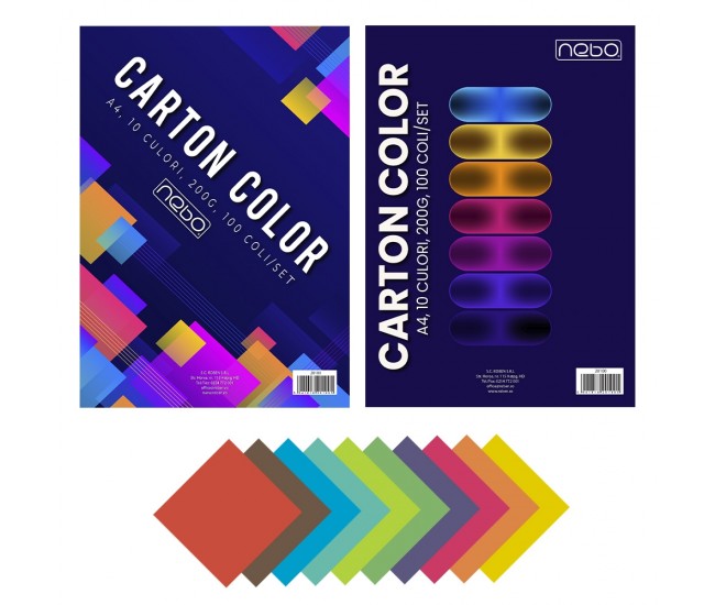 Carton color A4, 200g, 10 culori, 100 coli/set - NEBO