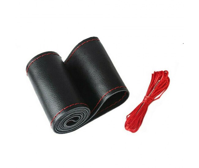 Husa volan din piele ecologica cu ac si ata rosie pentru cusut, 38 cm diametru, negru