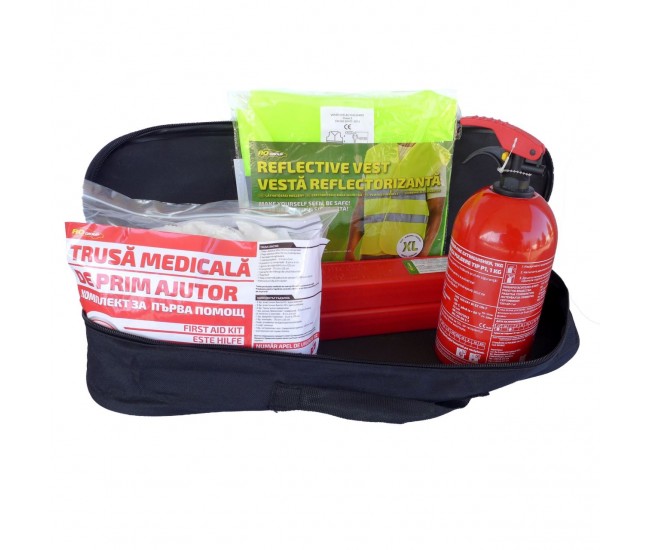 Kit siguranta auto rogroup – trusa medicala, 2 x triunghi, stingator, vesta + geanta depozitare