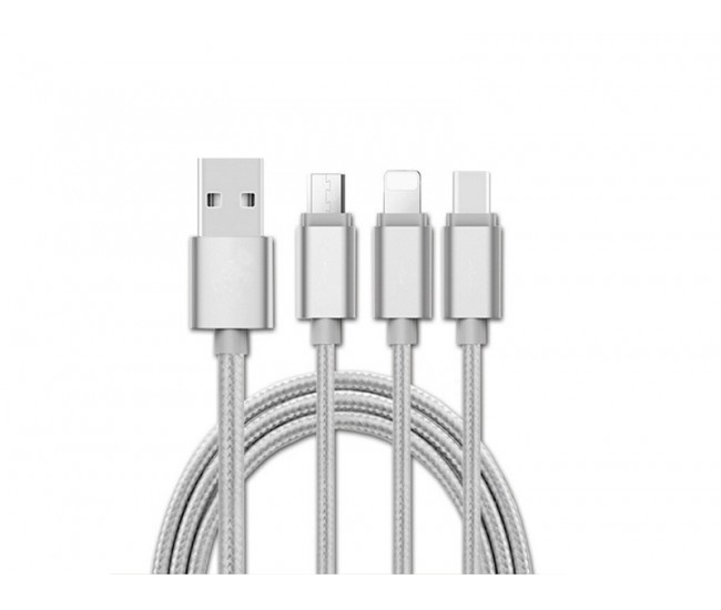 Cablu usb 3in1 microusb/iphone/tip c argintiu