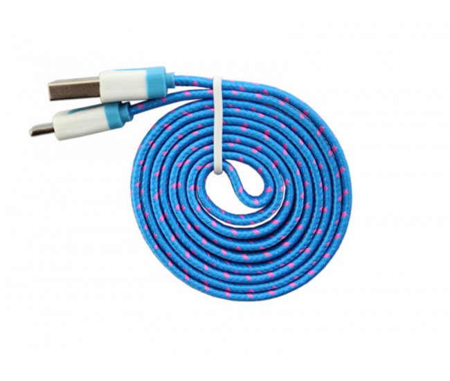 Cablu usb iphone 5 8pin cu fir textil plat albastru