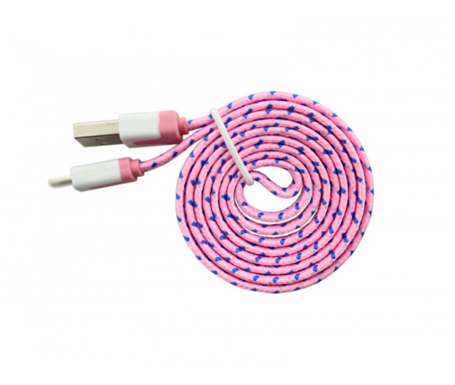 Cablu usb iphone 5 8pin cu fir textil plat roz