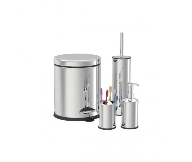 Set de baie zilan 4 in 1 din inox cos menajer de 3 litri, perie wc, dozator sapun lichid, suport periute de dinti rzln4605